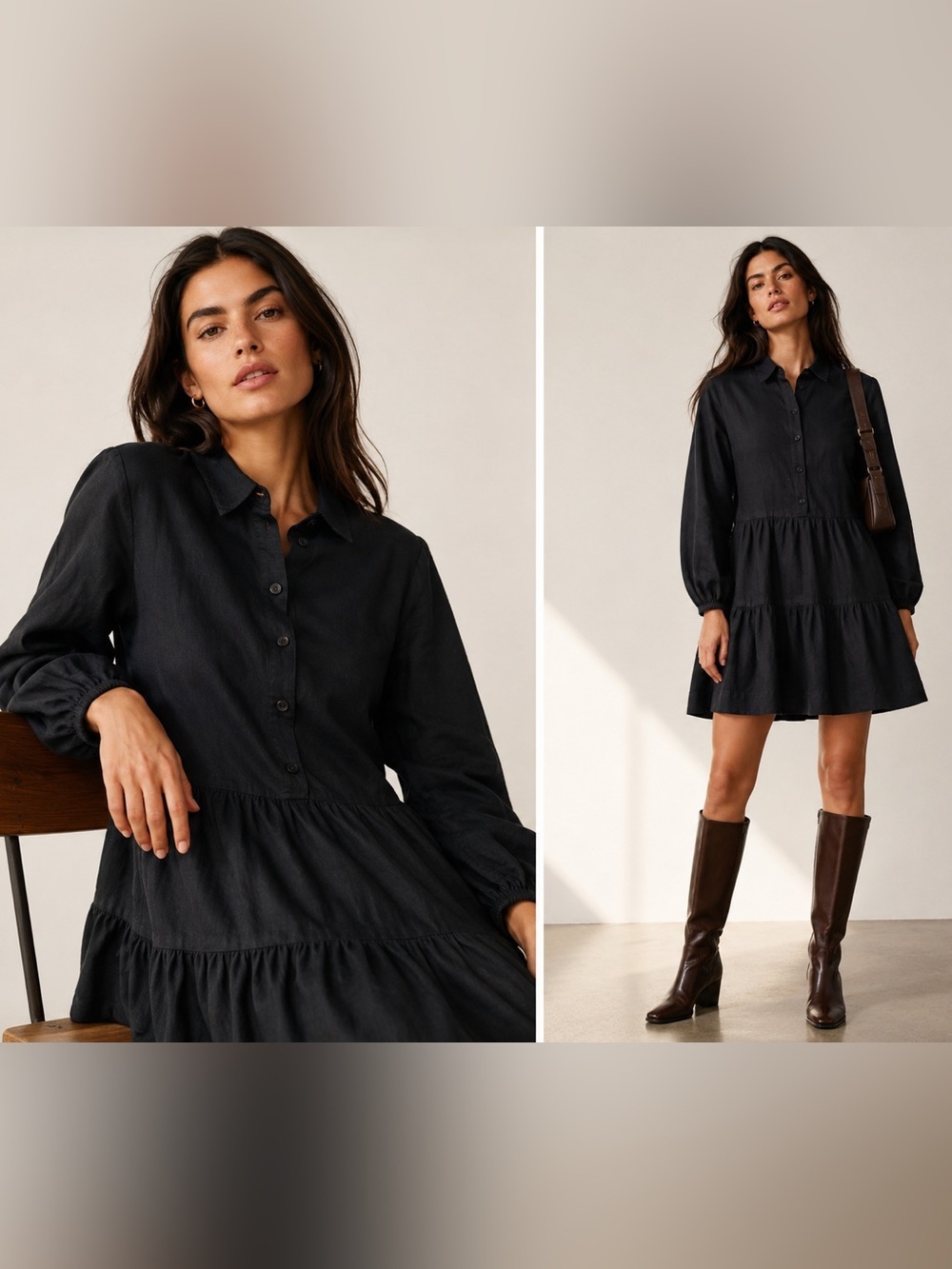 And Now This Black Tiered Shirt Dress | Long Sleeve | Size Small (1321)